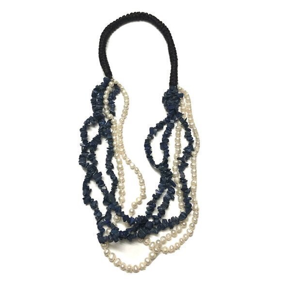 Estate Jewelry - Lapis Lazuli Freshwater Pearls Multi Strand Beaded Necklace 26” Vintage